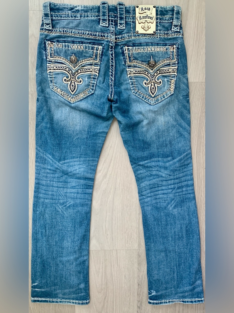 Rock Revival Wynton Slim Boot Cut Blue Denim Jeans with Cream Embroidered Pocket